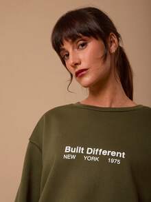 SURIMA Casual Minimalist Printed Pattern Crew Neck Long Sleeve Thick Loose Women Sweatshirt - Army Green - View 4