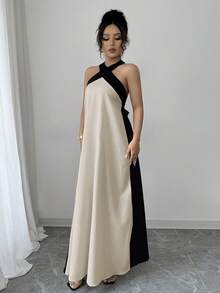 Elenzga Plus Size Women's Elegant Color Block Halter Backless Dress With Bow Tie, Summer - Khaki - View 3