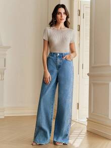 Anewsta Quần jeans ống đứng màu xanh dương thanh lịch, lãng mạn, đính đá và họa tiết hoa dành cho nữ, thích hợp cho mùa xuân/hè. - Rửa nhẹ - Xem 5