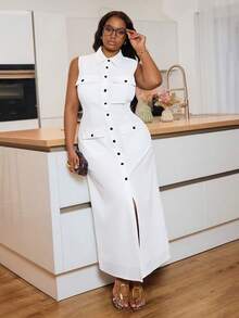 Slaydiva 春夏新品，适合音乐节、复活节、圣帕特里克节、西部风、游牧风、生日派对、毕业典礼、学生、日常休闲、百搭基础款、休闲、度假、邮轮旅行、海滩、日光浴等场合。爆款大码宽松白色无袖A字口袋长裙，夏季连衣裙。 - 白色 - 查看 6