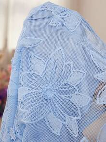 Modelyn Robe élégante et romantique pour femmes grandes tailles, avec laçage à la taille, manches longues, maille ajourée et broderie - Bleu azur - Voir 5