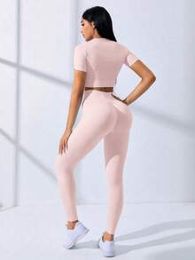 SHEIN Core Rhythm 2PCS/1SET Women's Solid Color Textured High Elasticity Shapewear Seamless Sports Set,Light Pink Summer Athleisure Gym Quick Dry 4-Way Stretch Outfit - Dusty Pink - View 7