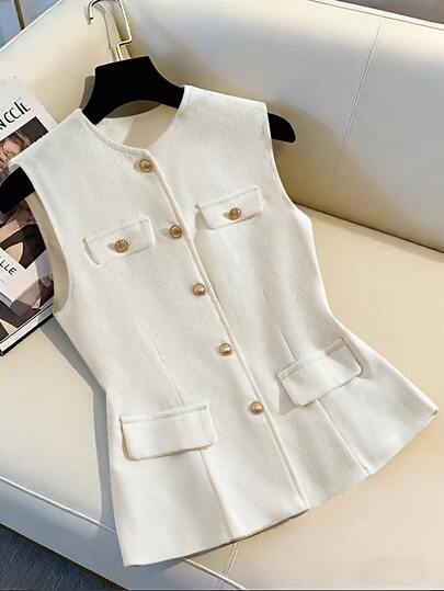 GlowEve Women's Elegant Solid Color Sleeveless Open Front Vest, Woolen