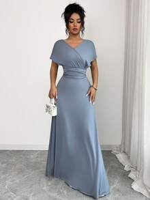 Rafferiza 女士新款优雅浪漫浅蓝色针织披肩连衣裙 - 可调节腰带，收腰飘逸长款连衣裙 - 灰藍色 - 查看 3