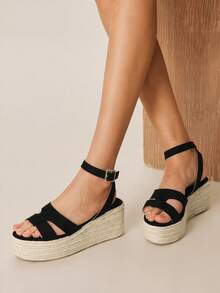 Styleloop 女士编织草绳交叉绑带高跟圆头凉鞋 - 黑色 - 查看 1