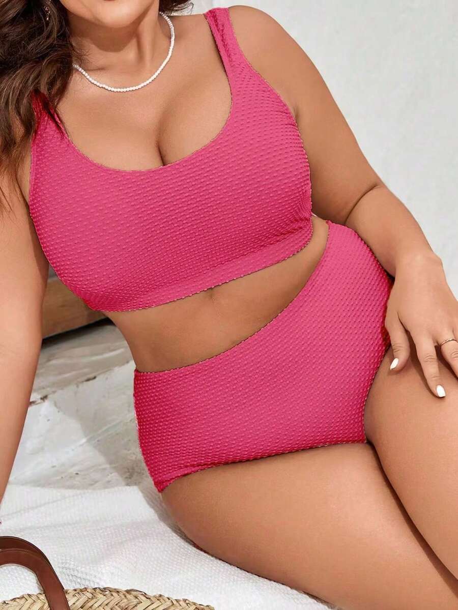 Swim Lushoire Conjunto de bikini de unicolor y textura, para vacaciones de verano en la playa, talla grande - Rosa Fucsia - Ver 1