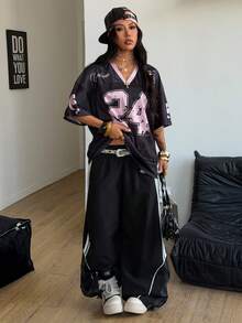 Coolane 女士春夏节日外出街头风复古透气网眼数字图案棒球衫红色球衣 - 黑色 - 查看 6