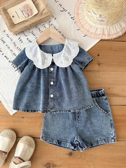 SHEIN 2pcs/Set Baby Girl's Summer Short-Sleeved White Embroidered Collar Shirt Paired With Shorts, A Casual Two Pieces Outfit For Outings And Vacations