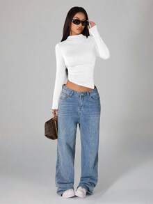 SHEIN PETITE 2件套不对称下摆高领长袖T恤高领修身女款上衣 - 彩色 - 查看 6