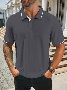 Manfinity Homme 男士休闲日常Polo衫 男士翻领灰色上衣 男士夏季Polo衫 男士短袖Polo衫 - 灰色 - 查看 3