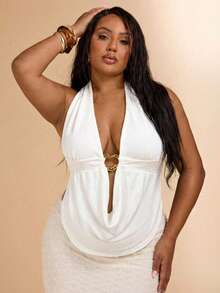 SHEIN BAE Plus Size Women Draped Neck Halter Ruched Metal Decor Sexy Elegant Tank Top, Summer Tops - White - View 1
