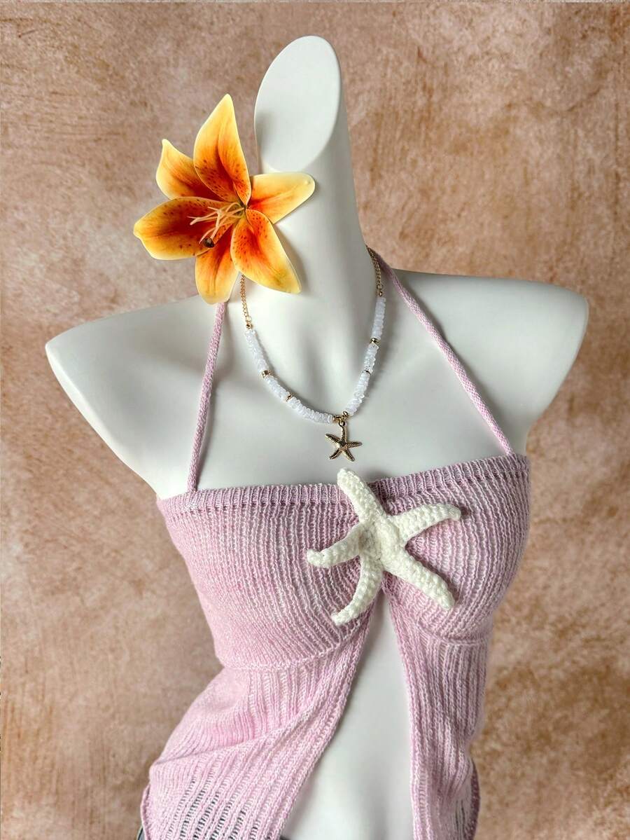 Elamini Y2K Style Women's Casual Cute Island Beach Starfish Element Crochet Hollow Knit Halter Neck Crop Top, Spring/Summer - Pink - View 1