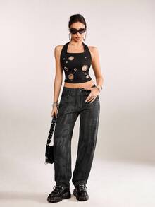 plantica 休闲性感都市时尚简约女式黑色印花直筒牛仔裤，适合外出、旅行、约会、派对、假期、情人节、春夏穿着。 - 黑色 - 查看 1