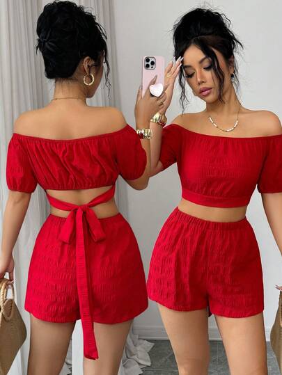 Rafferiza Conjunto informal de 2 piezas con hombros descubiertos, lazo y espalda descubierta para vacaciones de mujer