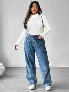 SHEIN EZwear Bộ đồ liền thân dài tay tối giản màu trơn cỡ lớn dành cho nữ, mặc hàng ngày - trắng - Xem 6