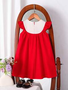 SHEIN Young Girl Casual Versatile Floral Pattern Round Neck Ruffle Trim Contrast Color Dress,Kids - Red - View 11