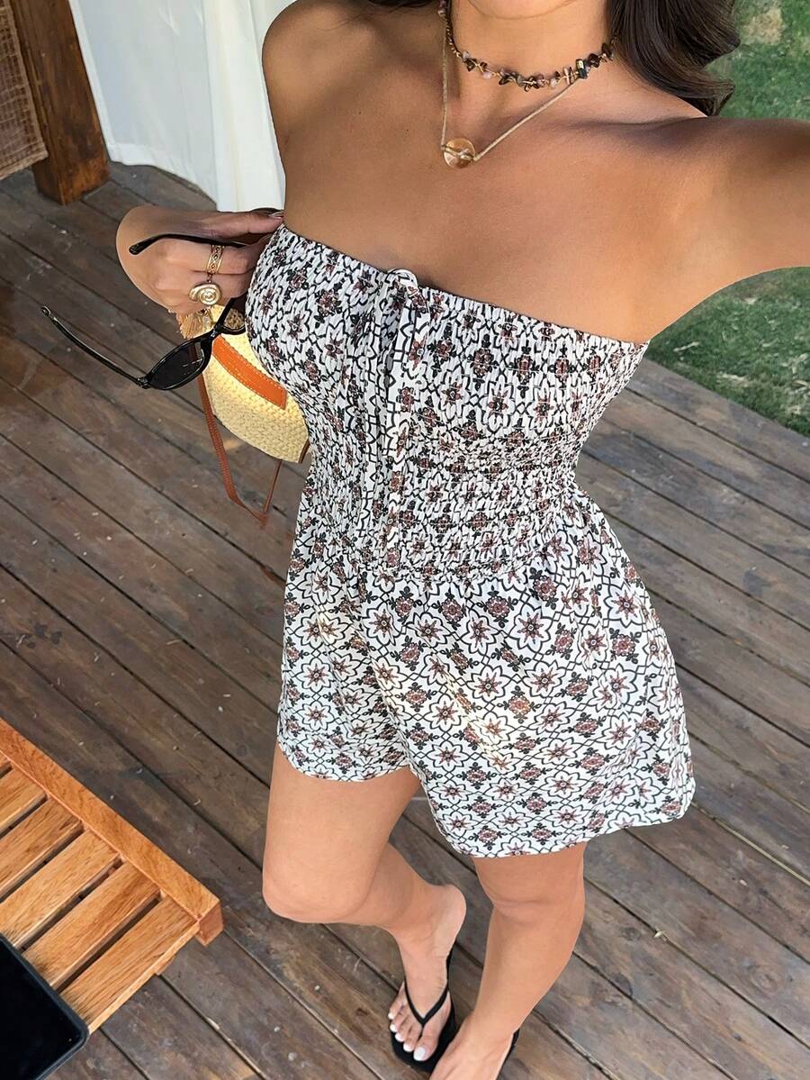 Sunnyshic Bộ jumpsuit ôm sát dáng ống họa tiết hoa phong cách Bohemian mới cho mùa Xuân/Hè 2026, có bèo nhún ở eo. - Nhiều màu - Xem 1