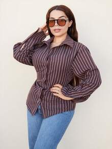 Lupita Cardoza Women's Elegant Striped Button-Up Cinched Waist Shirt, Back To School Teacher, Fall Clothes For Women, Fall Tops, Brown Shirt, Brown Tops - Multicolor - View 4