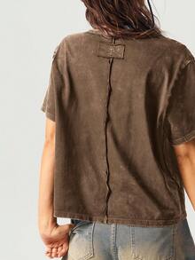 Bohemela 休闲纯色V领短袖宽松水洗女式T恤 - 棕色 - 查看 2
