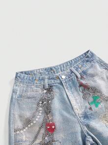 ROMWE Grunge Punk Y2K Sexy Distressed Washed Chain & Badge Print Wide Leg Jeans For Women - Blue - View 3