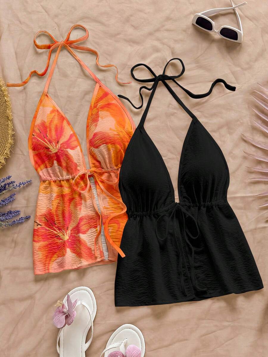 Soleia 2pcs Women Casual Backless Halter Tie Strap Cardigan Set, Suitable For Summer, Women's Vacation Wear, Hibiscus, Hawaiian Flower Spring - Multicolor - View 1