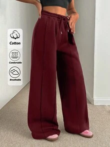EURMUSE Women Loose Fit Front Stitch Detailed Sweatpant Pant - Burgundy - View 1