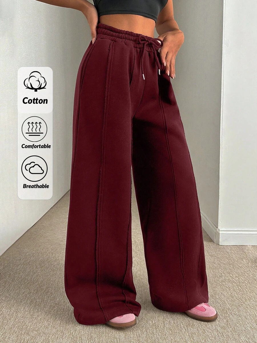 EURMUSE Women Loose Fit Front Stitch Detailed Sweatpant Pant - Burgundy - View 1