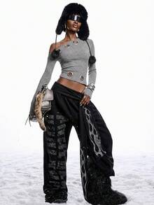 LYSMO 新款极简主义冬季女装通勤时尚不对称镂空肩长袖T恤浅灰色镂空上衣，女士新年和圣诞节服装 - 淺灰色 - 查看 7