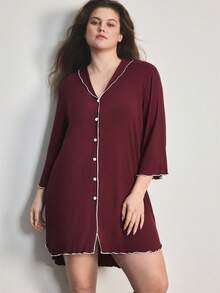 Ocili Camicia da notte oversize con colletto arricciato, comoda, con bottoni a conchiglia e costine - Bordò - Visualizzare 2