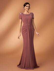 Serin 优雅奢华亮片水钻网纱拼接弹力金属纱针织美人鱼裙摆连衣裙，适合婚礼、派对、度假、舞会、新娘母亲晚礼服 - 鏽棕色 - 查看 5