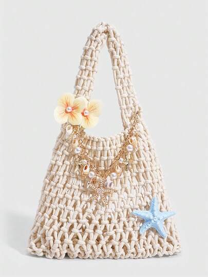 ROMWE Fairycore 1 Stück modische, personalisierte Strandtasche im Frühlings-/Sommer-Urlaubsstil mit buntem Ozean-Webmuster, große Größe Damen Handtasche, Strandtasche