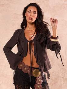 SHEIN Glamour 优雅度假休闲荷叶边拼接V领前系蝴蝶结长袖女式衬衫，适合海滩度假、户外活动穿着，巧克力棕色上衣，西部风格蕾丝女式哈瓦那之夜牛仔女装 - 棕色 - 查看 3