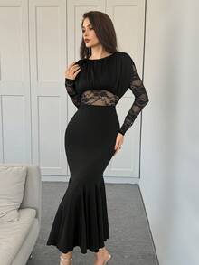 Modelyn Vestido de manga larga ajustado con cuello redondo, encaje, parches, pliegues y bajo de cola de sirena vintage para mujeres - Negro - Ver 6
