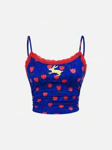 Y2Kool Maria Clara Maia Blue & Red Color-Block Rabbit Rose Easter Y2K Street Fashion Casual Women's Lace Patchwork Two-Piece Set, Suitable For Autumn And Winter Home, Party, Vacation, Holiday, And Daily Outfits - Blue - View 9