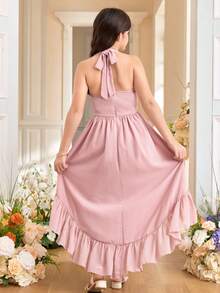 SHEIN Tween Girl Elegant Floral Decor Chiffon Snug Fit Dress, Spring/Summer Elegant  Wedding Outfits Dusty Pink Dress Tween Dress Easter Dress High Low Dress Flowy Dress - Pink - View 3