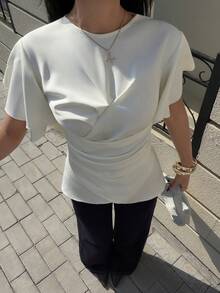 Siren Gaze 女士纯色圆领荷叶边时尚百搭约会外出衬衫，荷叶边袖子 - 杏色 - 查看 4