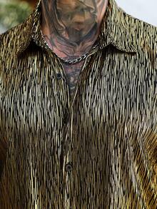 Genlund 男士夏季度假沙滩印花纽扣衬衫短裤套装，男士两件套，男士两件套度假沙滩装，男士度假装，男士泳池装，男士复古风，日常休闲，周末旅行，户外活动，探险旅行，轻松工作环境或半正式场合，男友/老公礼物，周年纪念/生日礼物，派对夏季假期，婚礼，春夏交替，狂欢节，男士金色金属闪光短袖纽扣衬衫，适合度假穿着 - 金色 - 查看 6