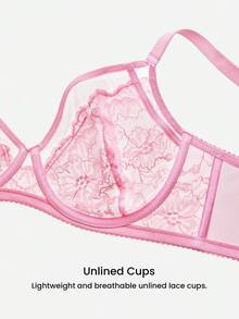 LUVLETTE Woman Pink Lingerie Full Coverage Side Support&Breathable Underwire Sexy Unlined Lace & Mesh Sheer Minimizer Bra - Pink - View 7