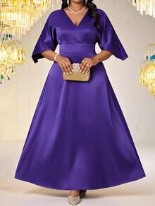 SHEIN Lady Đầm thanh lịch cỡ lớn, màu trơn, kiểu dáng thắt eo chéo, chất liệu vải cotton. - Màu tím - Xem 6