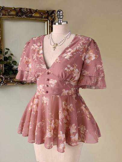 Modelyn Plus Size Women Ruffle V-Neck Short Sleeve Cinched Waist Romantic Elegant Vacation Blouse