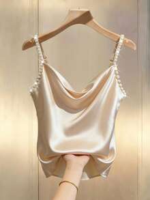 GlowEve Women's Satin Fabric Front Draped Collar Studded Pearl Strap Sleeveless Waist Cinched Elegant Luxurious Date Party Holiday Pale Peach Camisole Top, Spring/Summer - Apricot - View 6