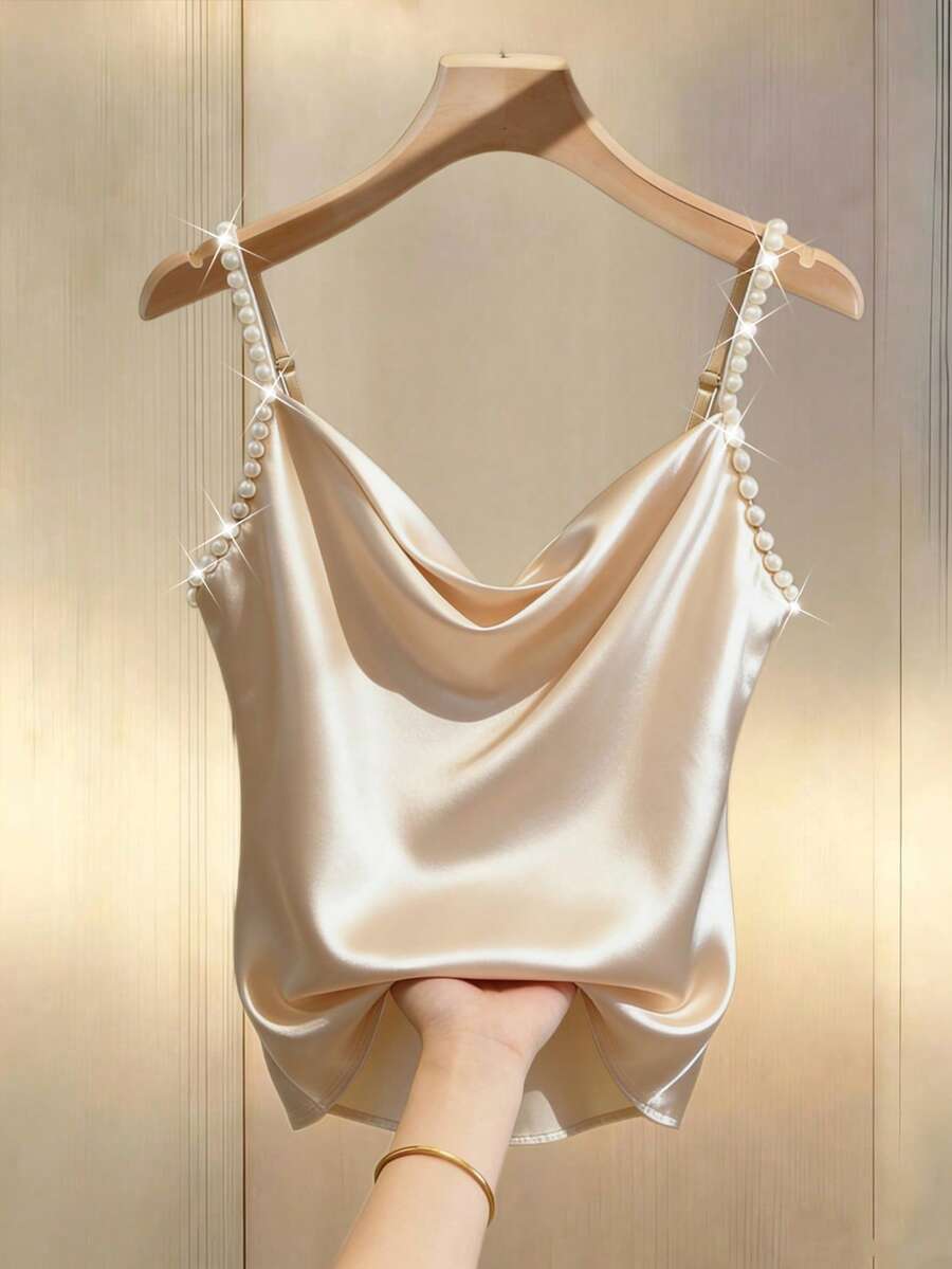GlowEve 女士缎面面料垂褶领缀饰珍珠吊带无袖束腰优雅奢华约会派对假日浅蜜桃色吊带背心，春夏款 - 杏色 - 查看 1