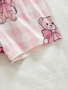 女童粉白格子蝴蝶结小熊印花翻领短袖短裤套装，阻燃家居服 - 粉色 - 查看 5