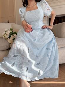 DAZY 女士优雅印花方领泡泡袖中长连衣裙，夏季 - 藍色 - 查看 4