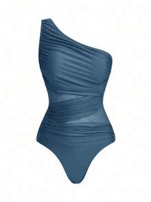 One-Piece Swimsuit With Solid-Color Ruched Mesh Panel And Sarong Skirt - Sea Blue - View 6