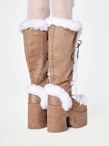 ROMWE 女士秋冬新款高性价比长靴，圆头粗跟超高跟朋克性感毛绒靴，厚底高跟长靴 - 卡其色 - 查看 5