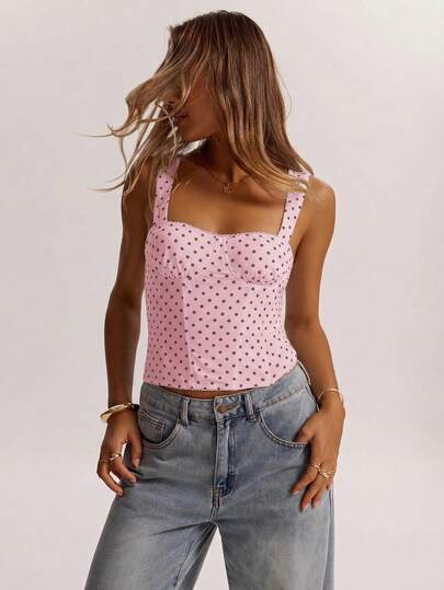 SHEIN BAE Women's Date Night Girlfriend Party Birthday Party Nightclub Outfit Holiday Party Elegant Black Polka Dot Camisole, Girlfriends Party, Date, Daily Street Commuting Corset, Cute Corset, Sexy Tops Club, Corset Tops, Off-Shoulder Tops, Summer Tops, Cute Tops, Women's Summer Clothes, Tops Corsets,