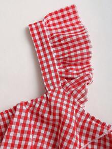 Olithes 休闲夏季甜美少女荷叶边短袖方领宽松显瘦可爱小众设计格子衬衫女装 - 紅白色 - 查看 3