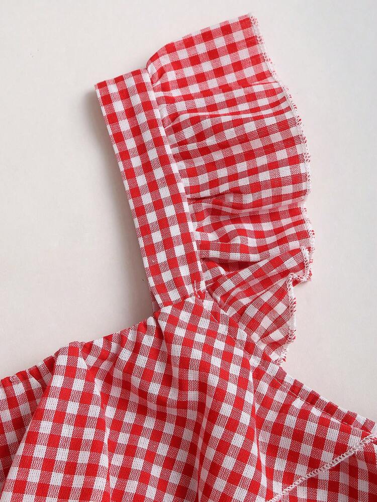 Olithes 休闲夏季甜美少女荷叶边短袖方领宽松显瘦可爱小众设计格子衬衫女装 - 紅白色 - 查看 3