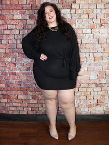 Truni Vestido de punto acanalado de talla grande con cinturón - Negro - Ver 1